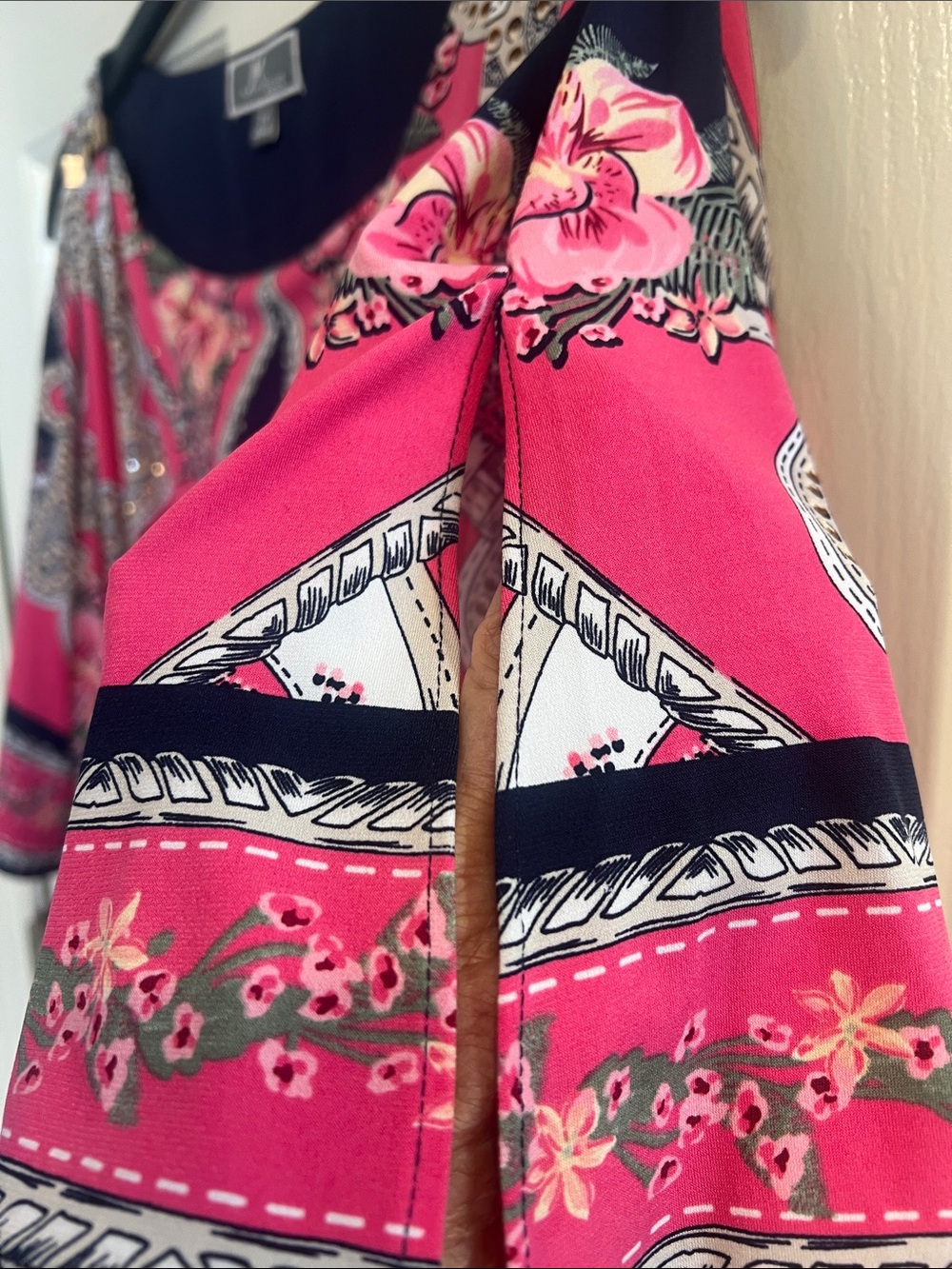 JM Collection Hot Pink and Navy Floral Cold-Shoulder Midi Dress - Picture 3 of 3